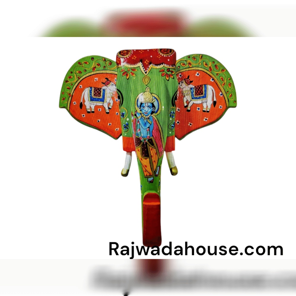 Wooden Elephant Face Wall Hanging With Krishna and Gaumata Painting