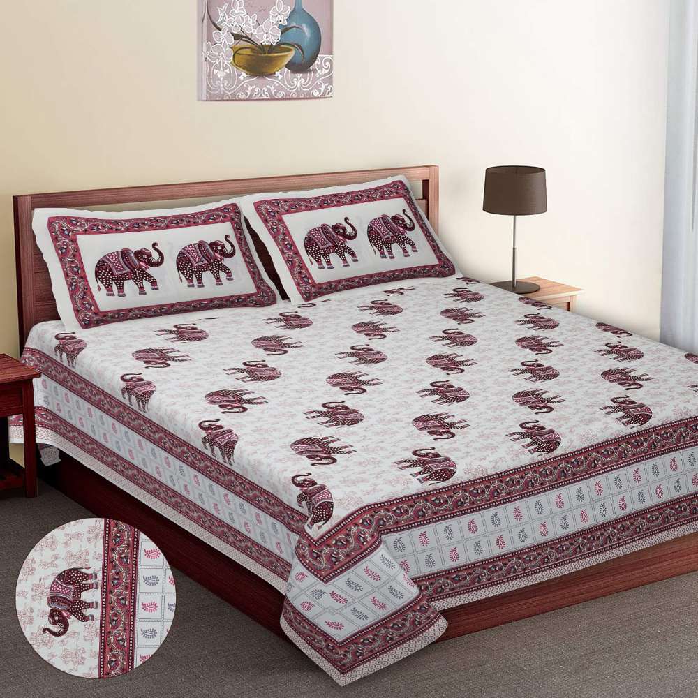 Elephant Print Jaipur Hand Block King Size Russet Bedsheet 