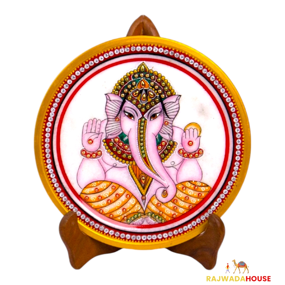 Marble Round Ganesh Plate With Wood Stand