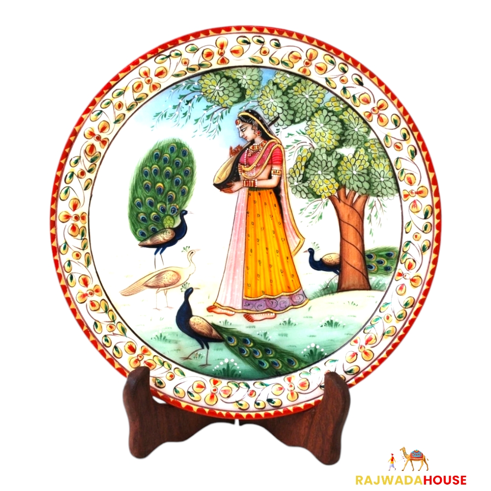 Marble Round Ragini Plate With Wood Stand