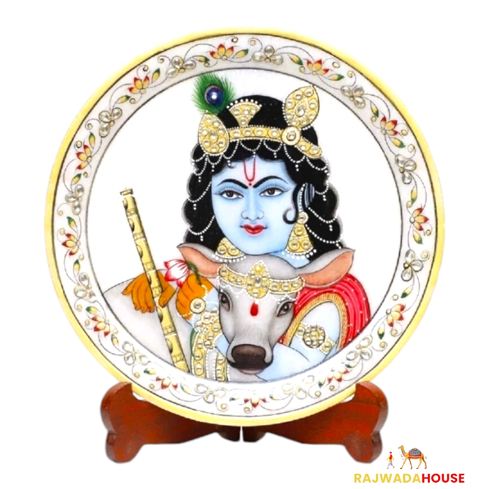 Marble Round Krishna Plate With Wood Stand