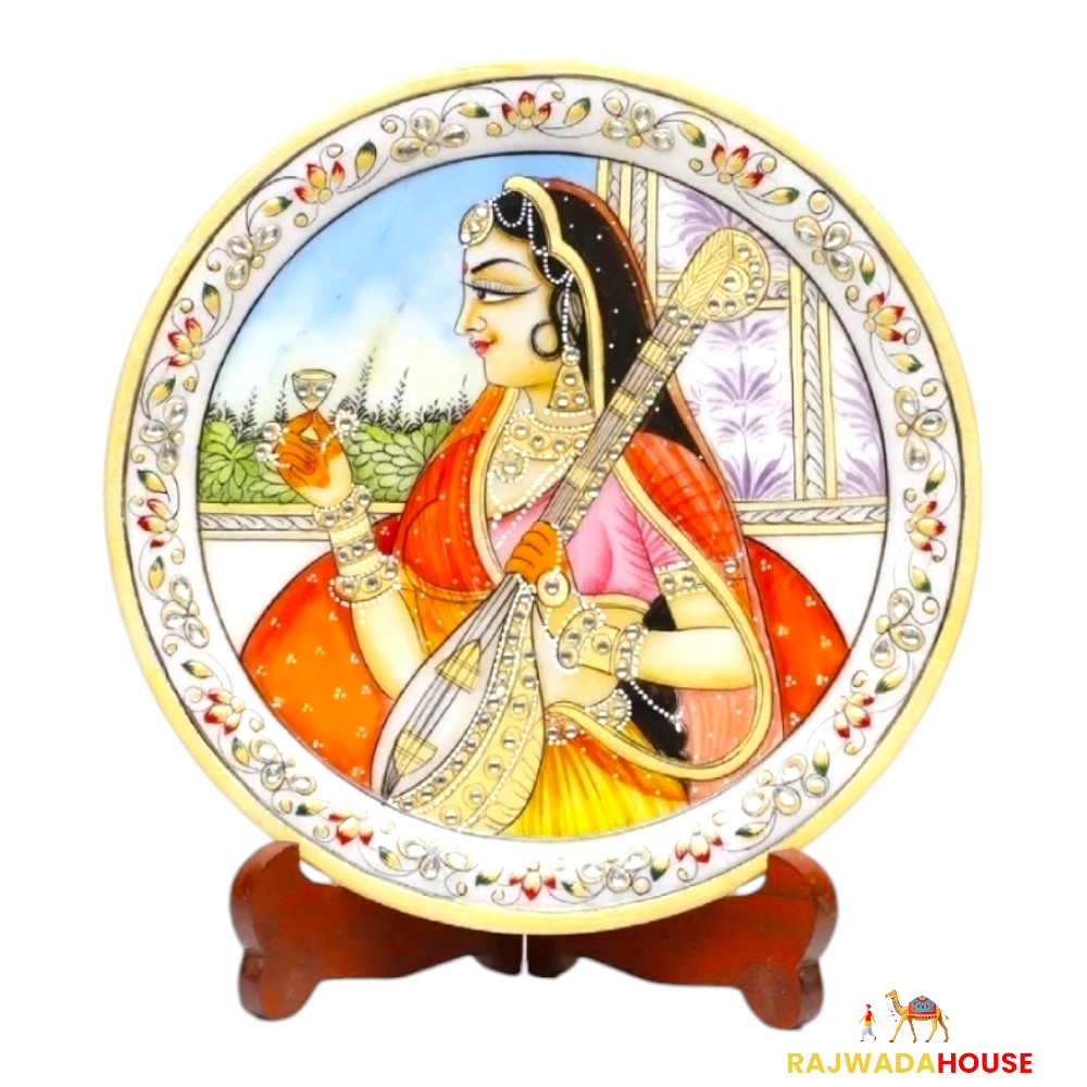 Marble Round Meera Plate With Wood Stand