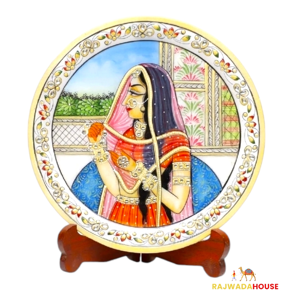 Marble Round Moghul Lady Plate With Wood Stand