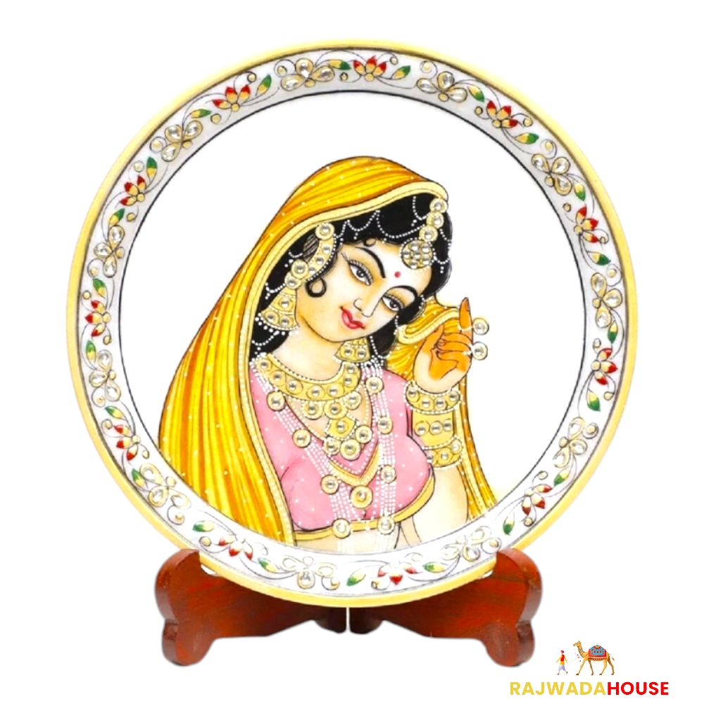 Marble Round Ragini Pallu Plate With Wood Stand