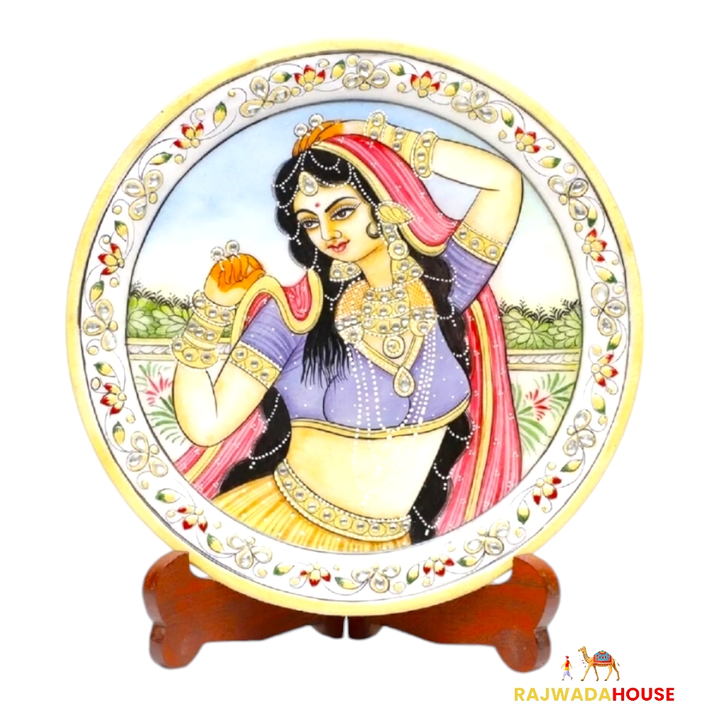 Marble Round Ragini Wearing Ring Plate With Wood Stand