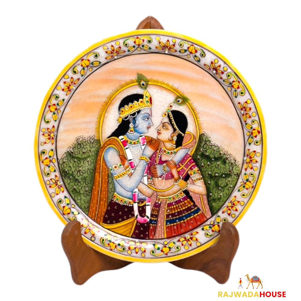 Marble Round Radha Krishna Plate With Wood Stand