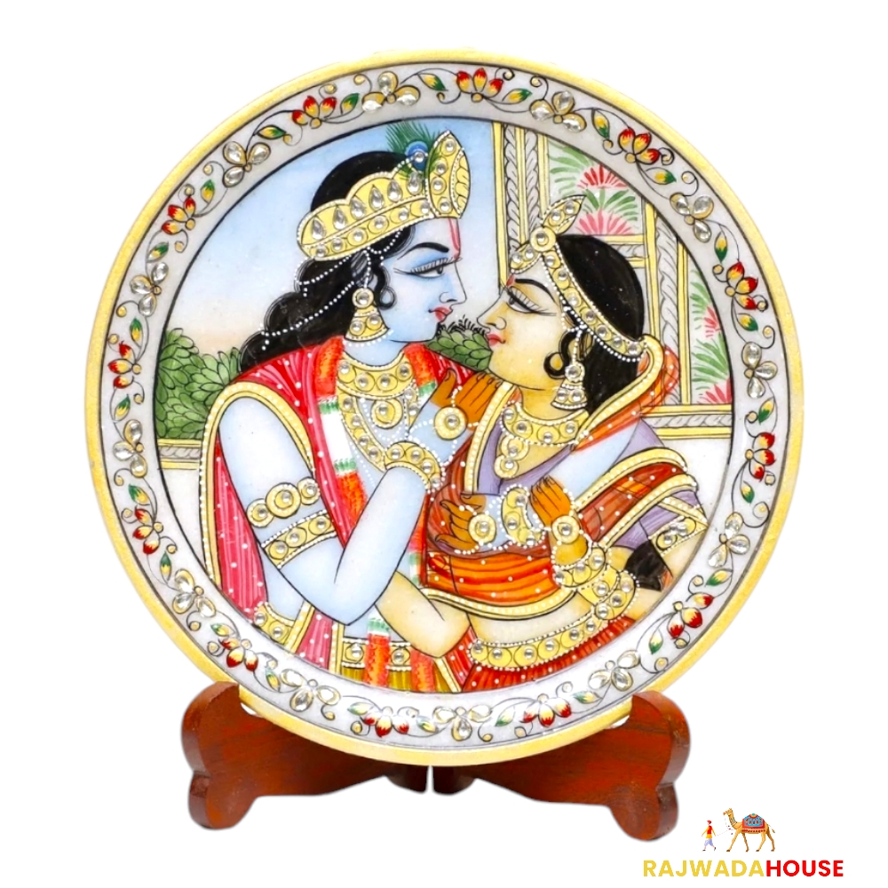 Marble Round Radha Krishna Plate With Wood Stand