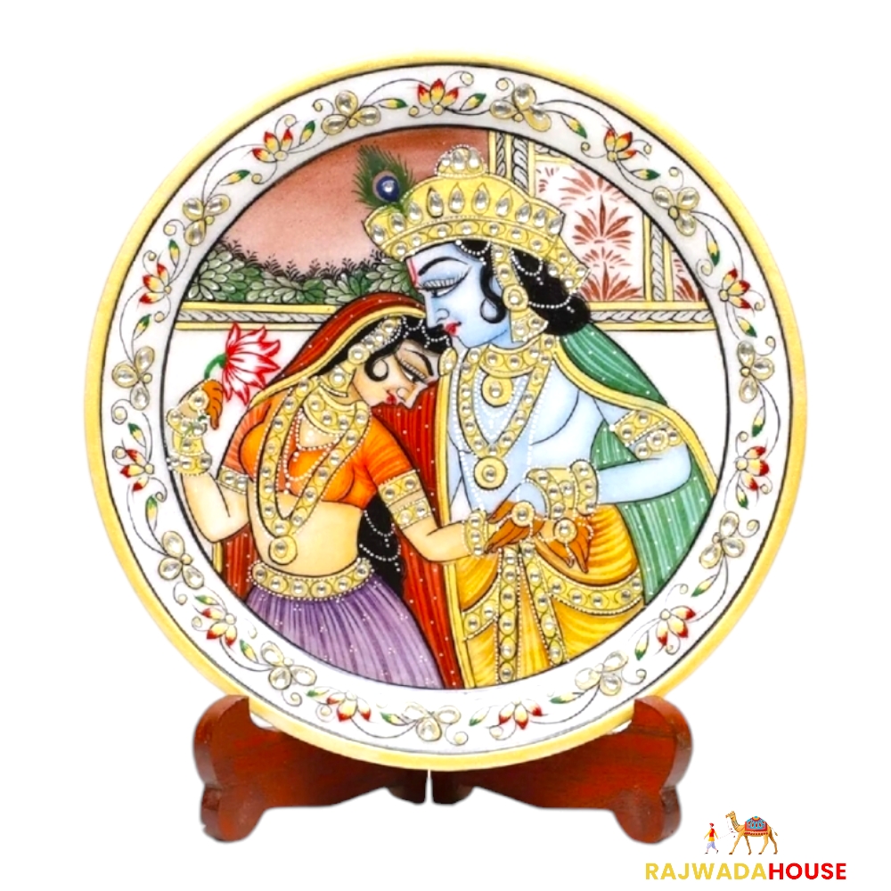 Marble Round Radha Krishna Plate With Wood Stand