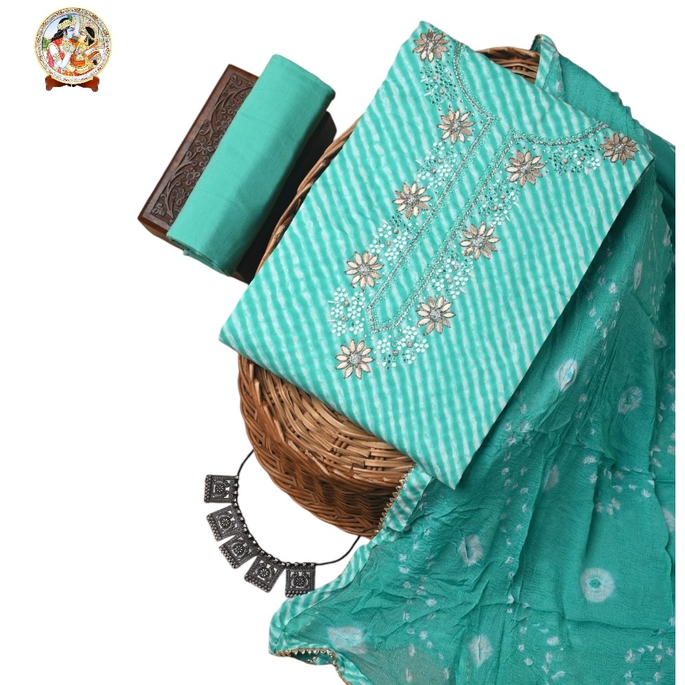 Zari Gotapatti Work Sea Green Colour Cotton Suit With Chiffon Dupatta