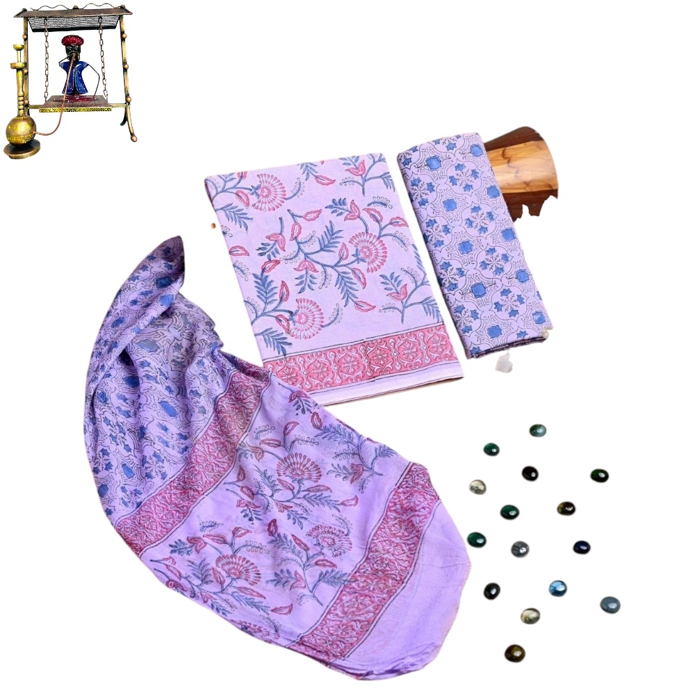 Hand Block Printed Lavender Colour Cotton Fabric With Chiffon Duptta