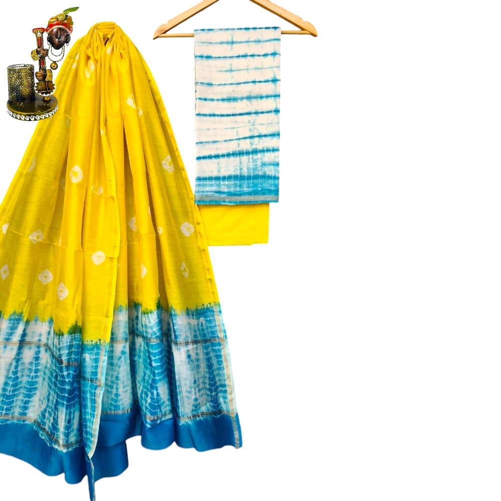 Bagru block Printed Yellow Light Blue Tie Dye Colour Pure Chanderi Silk Suit With Cotton Bottom