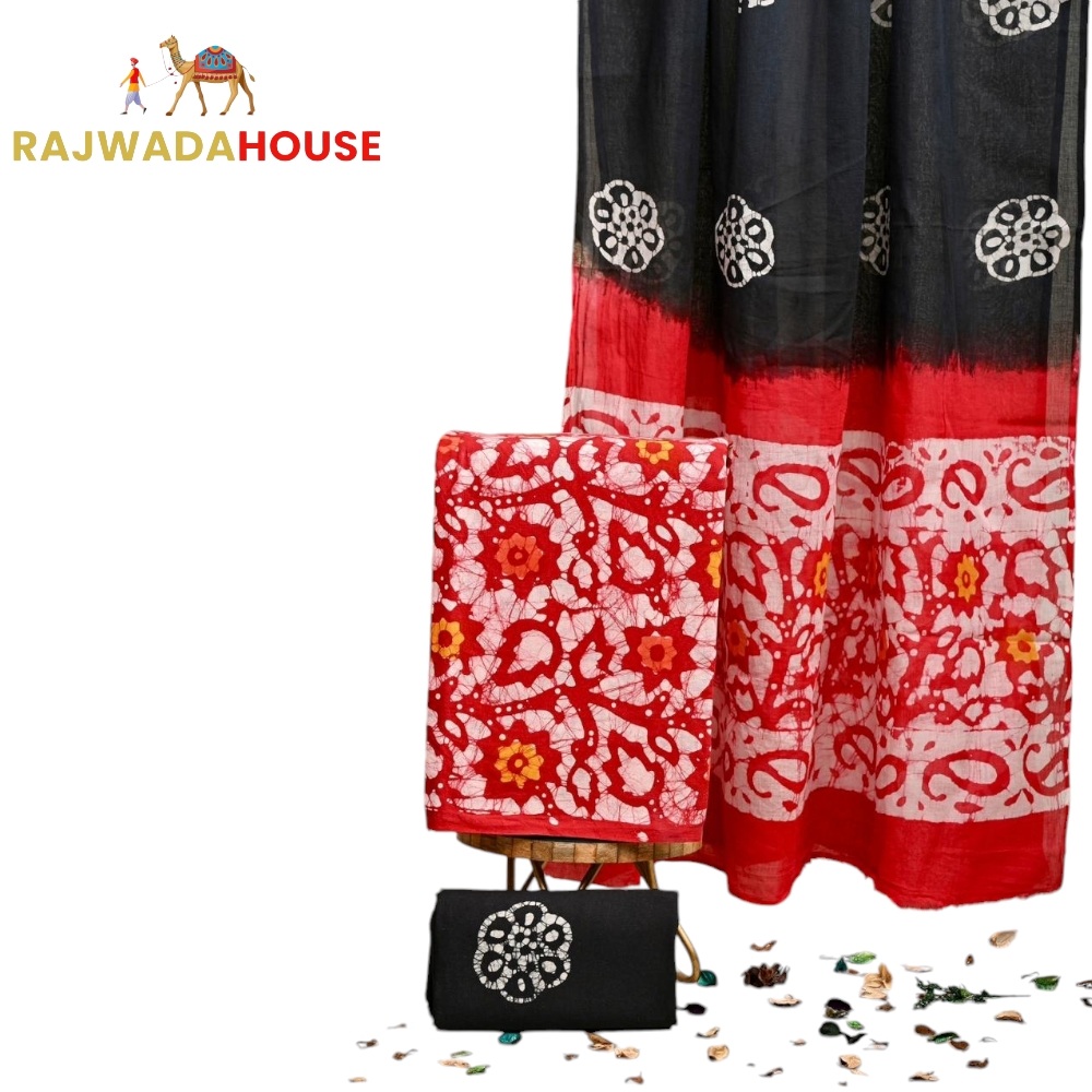  Jaipur Hand Block Red Black Cotton Suit With Cotton Dupatta 