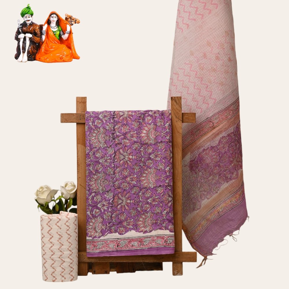 Jaipur Hand Block Lavender Cotton Suit With Kota Doria Dupatta