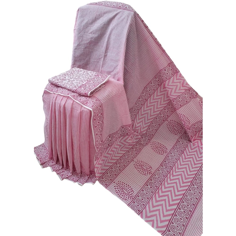 Bagru Handblock Printed Baby Pink Cotton Mulmul Saree With Blouse