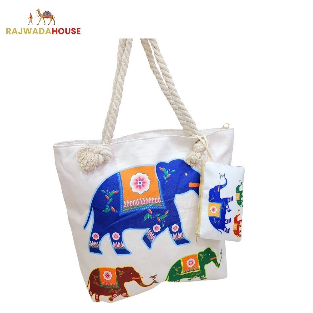 Jute Cotton Printed Elephant Tote Bag