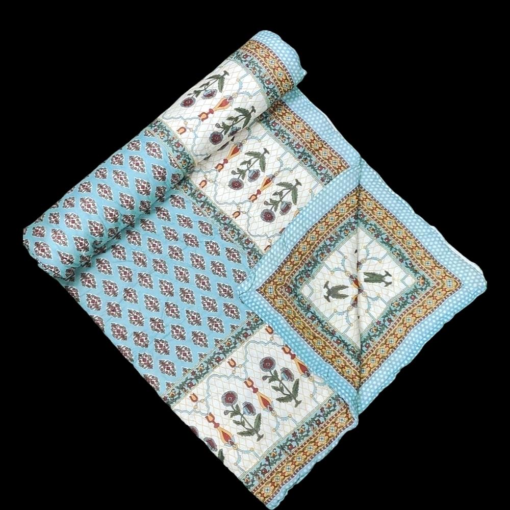 Jaipuri Rajai White With Sky Blue Colour Filling With Jaipuri Desi Cotton