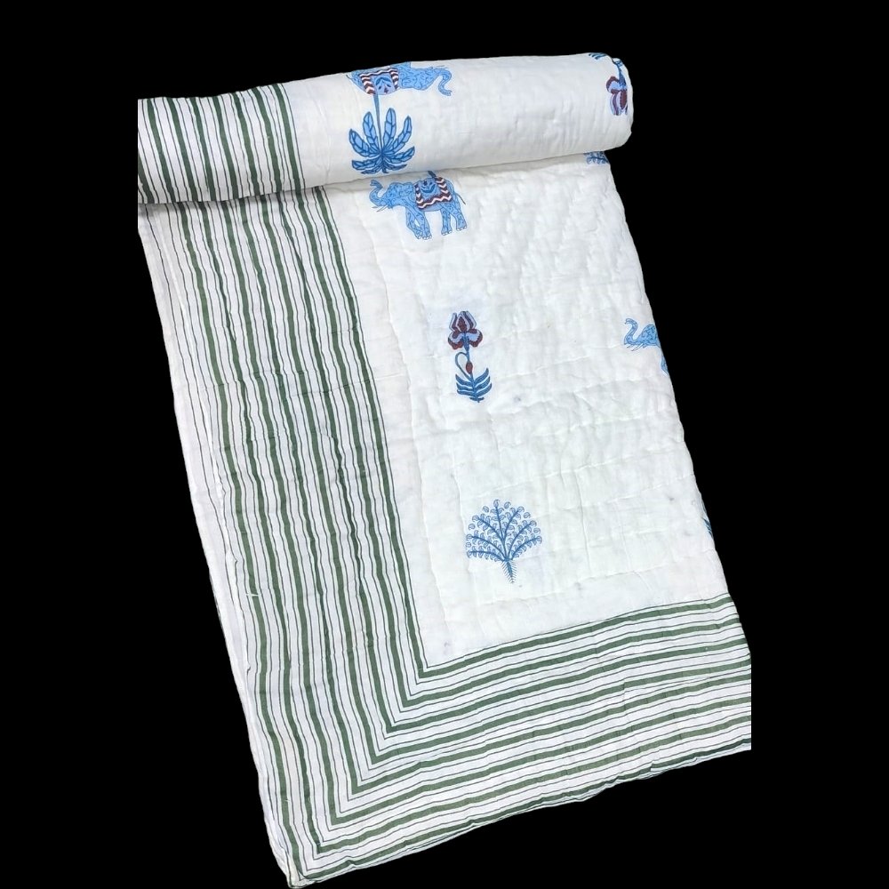 Jaipuri Rajai Light Blue Colour Elephant Print Filling With Jaipuri Desi Cotton